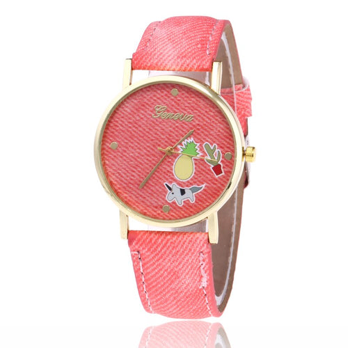 Lovely Pineapple Watches Women Casual Leather Strap Fruit Wristwatch Ladies Quartz Jeans Fabric Watch Montre Femme Relogio Mujer