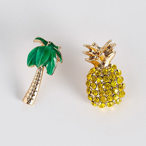 Sweet Cute Rhinestone Crystal Pineapple Ananas Coconut Palm 925 Sterling Silver Stud Earrings for Women Party Charm Jewelry